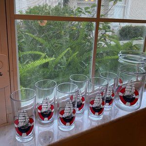 Vintage Avira Nautical Avir Sailboats, Italian Pitcher & 6 Glasses Made in Italy